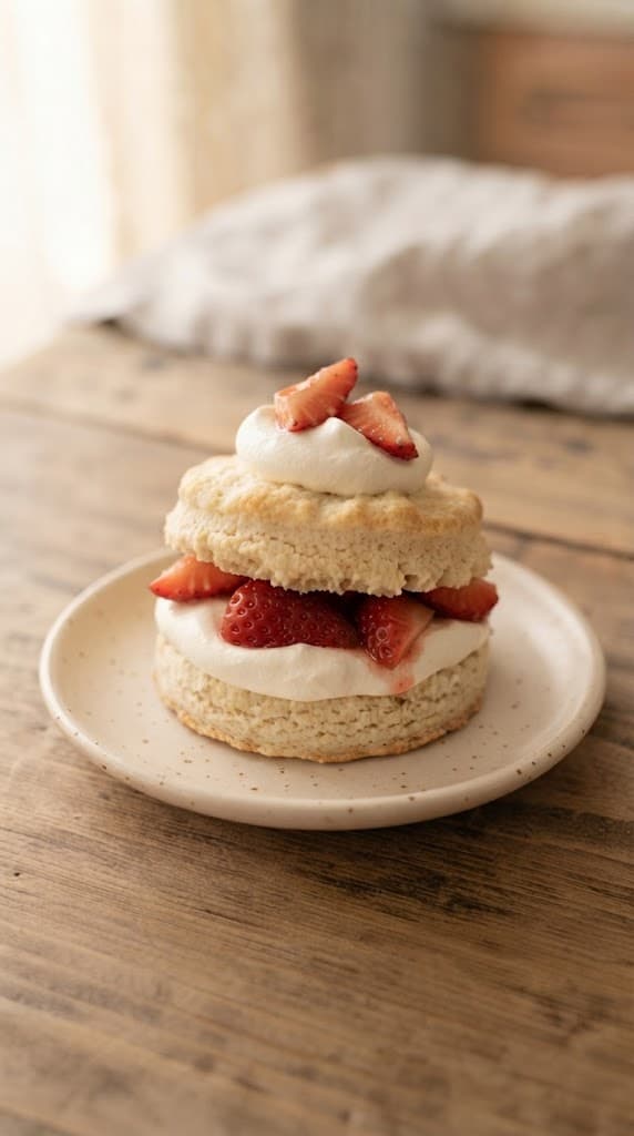 Finished strawberry shortcake for one with a tender golden biscuit, fresh sliced strawberries, and softly whipped cream