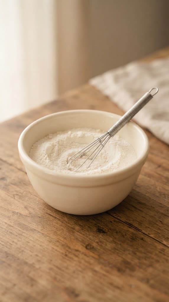 Flour, granulated sugar, baking powder, and salt whisked together in a small cream ceramic bowl for one vanilla cake