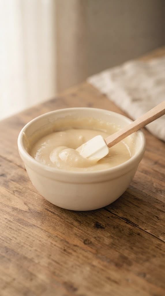 Smooth pale vanilla cake batter after egg yolk, milk, melted butter, and vanilla extract have been stirred into the dry ingredients