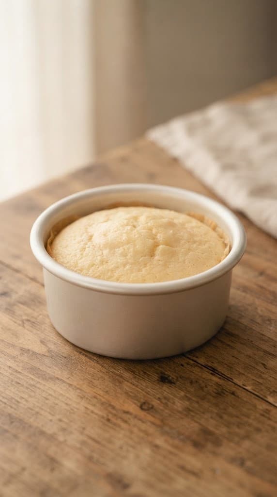 Freshly baked single-serving vanilla cake with a lightly golden top in a small round metal cake pan