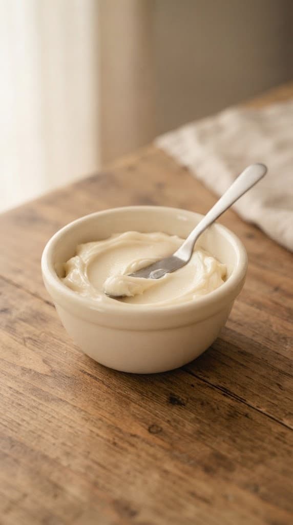 Small batch of smooth warm ivory vanilla butter frosting in a cream ceramic bowl
