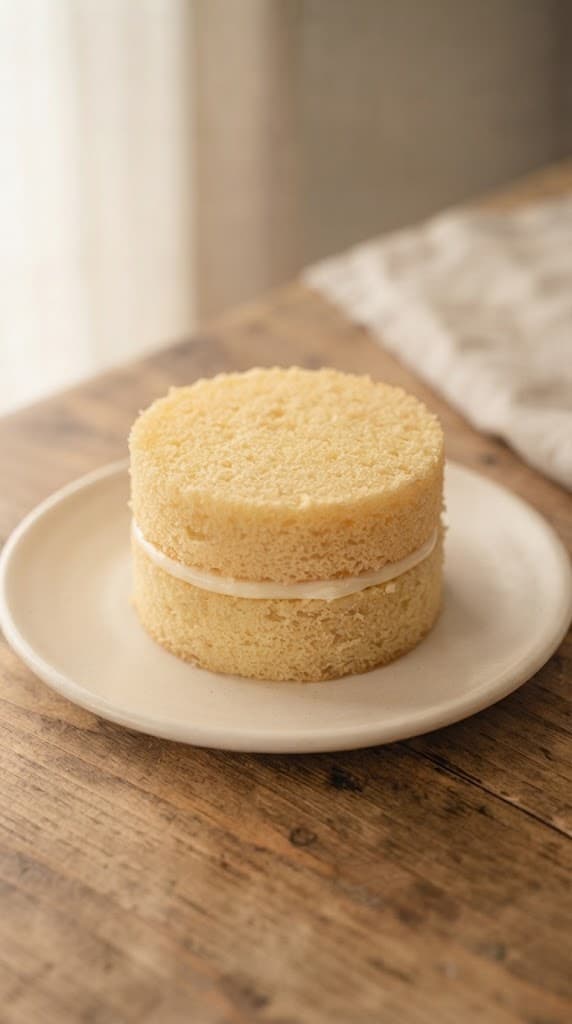 Mini vanilla cake sliced into two round layers with a thin layer of vanilla frosting between them
