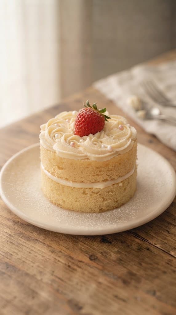 Finished two-layer vanilla cake for one with vanilla frosting between the layers and a modest layer of frosting on top