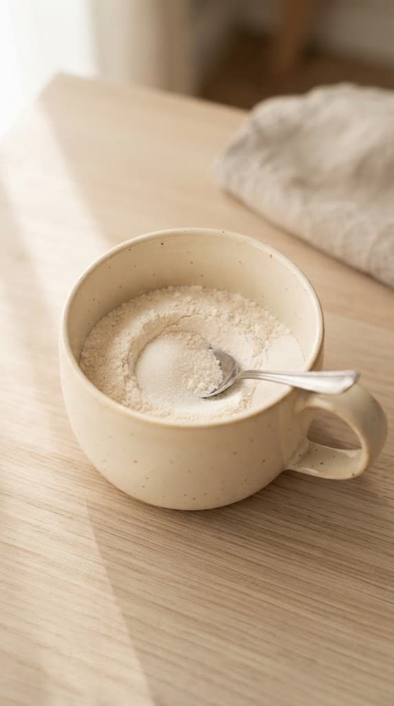Flour, granulated sugar, baking powder, and salt mixed together in a cream ceramic mug for one vanilla mug cake