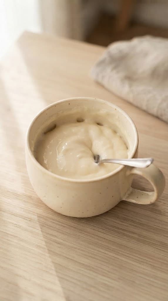 Smooth pale vanilla mug cake batter after milk, melted butter, and vanilla extract have been stirred into the dry ingredients