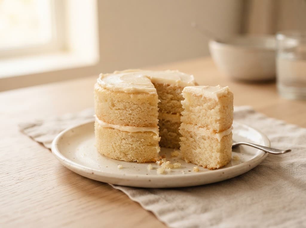 One small layered vanilla cake on a ceramic plate