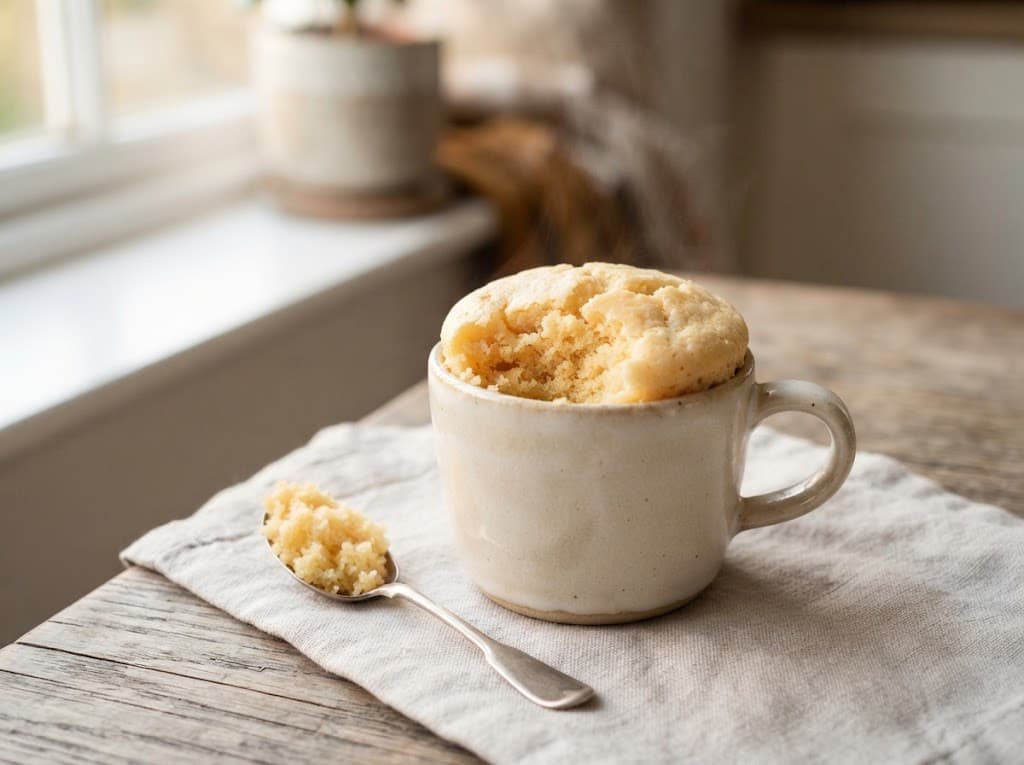 One homemade vanilla mug cake in a ceramic mug